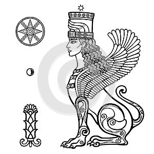 Animation drawing: sphinx woman with lion body and wings, a character in Assyrian mythology.