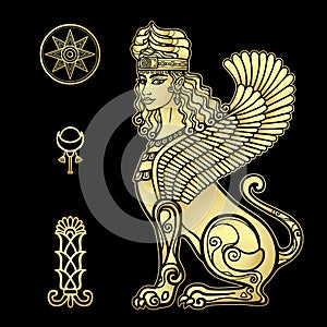 Animation drawing: sphinx woman with lion body and wings  a character in Assyrian mythology. Ishtar  Astarta  Inanna.