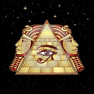 Animation drawing: symbol of  Egyptian pyramid, eye of Horus, profile of the pharaoh.