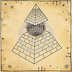 Animation drawing: symbol of Egyptian pyramid with a separate vertex and burning ball inside. photo