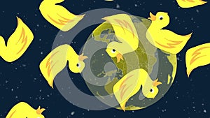 Animation of duck icons and snow falling over globe on black background