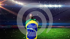 Animation of dust floating over back of african american man with brazilian flag at stadium