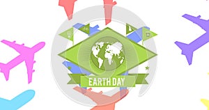 Animation of earth day text and globe logo over colorful airplanes on white background