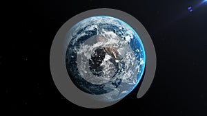 Animation of Earth seen from space, the globe spinning on satellite view on dark background. 3D animation.
