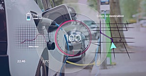 Animation of eco icons and data processing over electric car charging