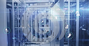 Animation of eco icons and digital data processing over computer servers