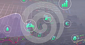 Animation of ecology icons and data processing over cityscape