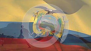 Animation of ecuador flag waving over diverse player practicing rugby in friendly match