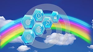 Animation of education and learning icons on blue hexagons over rainbow on blue sky