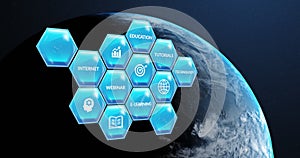 Animation of education and learning text and icons on blue hexagons over globe on blue background