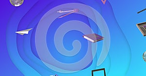 Animation of education and school icons over blue waving background