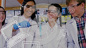 Animation of education school icons over diverse school children in laboratory