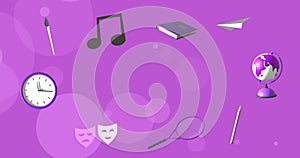 Animation of education and school icons over purple waving background