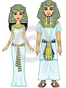 Animation Egyptian imperial family in ancient clothes. Full growth.