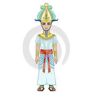 Animation Egyptian Pharaoh in the divine crown with horns and feathers.