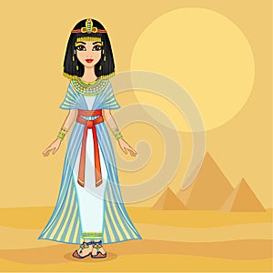 Animation Egyptian princess in ancient clothes and gold jewelry. Queen, goddess, princess.