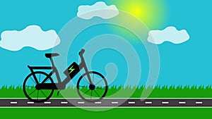 Animation: electric bike in the countryside. Ecologic transportation concept