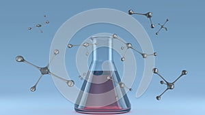 Animation of element structures over conical lab flask of red liquid on blue background