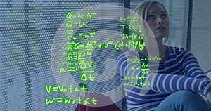 Animation of equations over worried caucasian female student sitting in school corridor