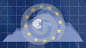 Animation of euro symbol with increasing percentage over european union flag against tall buildings