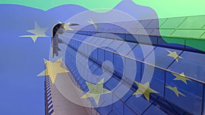 Animation of european union flag over office buildings