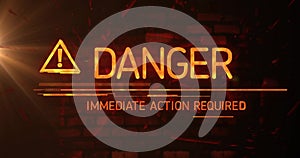 Animation of exclamation in triangle, danger, immediate action required text on abstract background