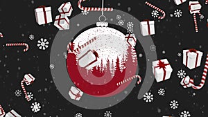 Animation of falling candy canes adn presents over christmas bauble on dark background