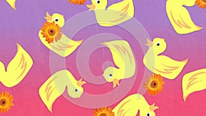 Animation of falling flower and duck over pink background