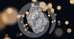 Animation of female faces representing gemini zodiac sign against illuminated lens flare