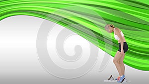 Animation of female runner in starting blocks over glowing green trails on white background