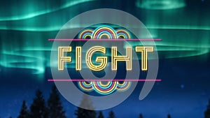 Animation of fight text over cloudy night sky and northern lights