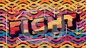 Animation of fight text in red, orange and yellow over vibrant patterned background