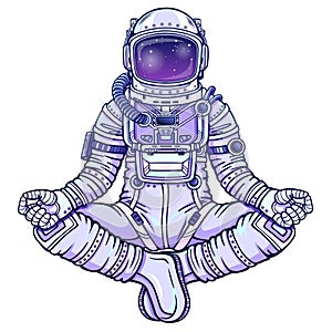 Animation figure of the astronaut sitting in Buddha pose. Meditation in space.