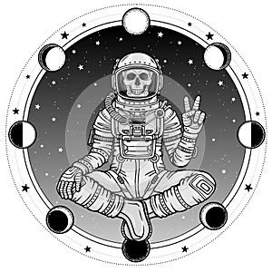 Animation figure of the astronaut skeleton sitting in Buddha pose. Meditation in space.