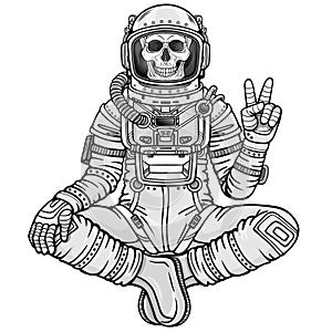 Animation figure of the astronaut skeleton sitting in Buddha pose. Meditation in space.