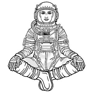 Animation figure of the woman astronaut sitting in a Buddha pose. photo