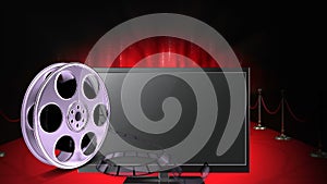 Animation of film spool and flatscreen monitor over red carpet, curtain and flashing lights