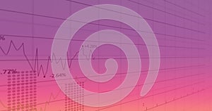 Animation of financial data processing over grid on pink background