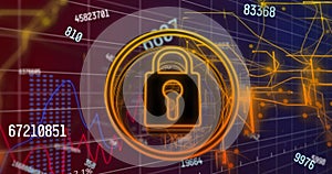 Animation of financial data processing over padlock and connections