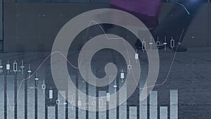 Animation of financial data processing over people crossing street