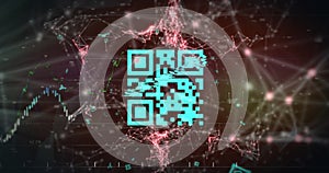 Animation of financial data processing over qr code and connections