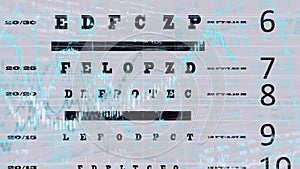 Animation of financial data processing over snellen eye chart against white background