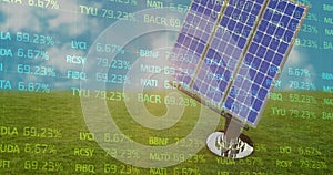 Animation of financial data processing over solar panel on grass and blue background