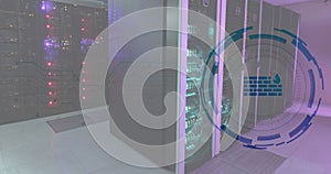 Animation of firewall icon in loading circles over illuminated server racks in server room