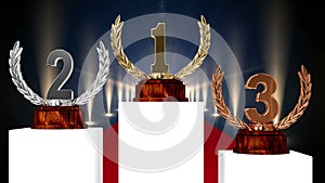 Animation of first, second and third place award trophies at floodlit prize giving ceremony