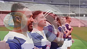 Animation of flag of costa rica over diverse male rugby players at anthem at stadium