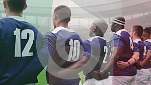 Animation of flag of france over diverse male rugby players singing anthem at stadium