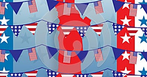 Animation of flag garlands over statue of liberty