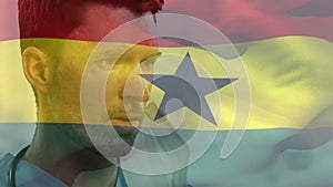 Animation of flag of ghana and spots over caucasian male doctor