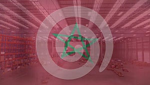 Animation of flag of morocco over large goods storage warehouse